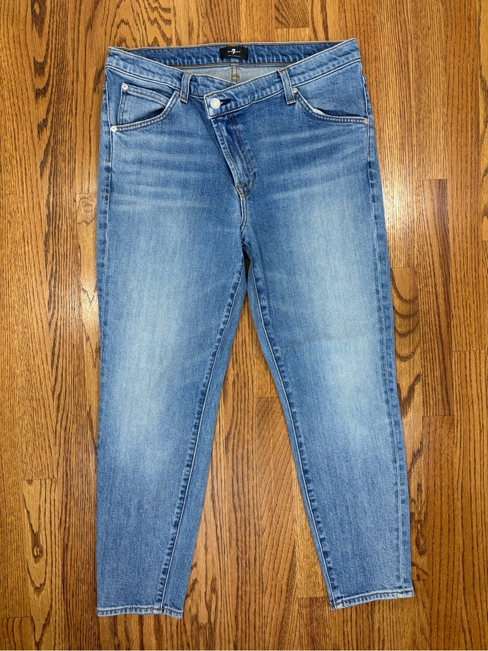 7 For All Mankind Asymmetrical Cross-over Fly Blue Jeans (31)